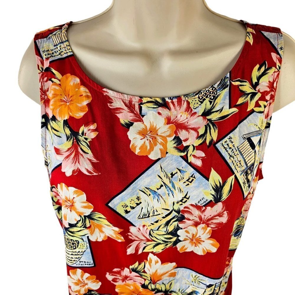 70s Villager Liz Claiborn Hawaiian Shift Dress Rayon Sleeveless Womens M Red